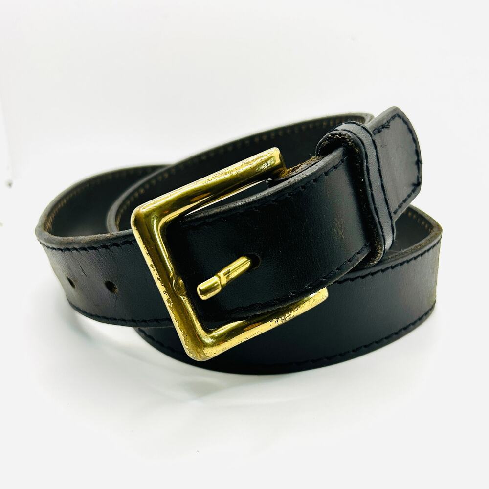 Vintage 90s Guess USA Black Leather Solid Brass Buckle Belt Made in Italy